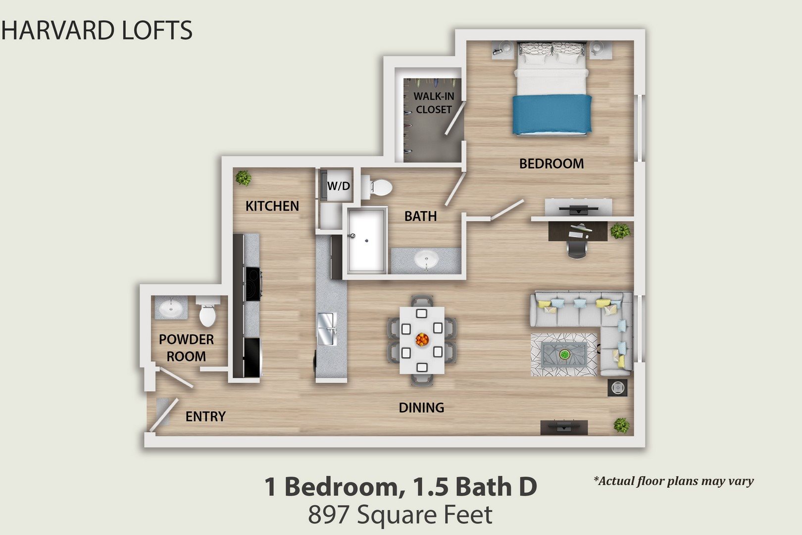 1 Bedroom, 1.5 Bathroom D Floor Plan 4